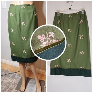 Tracy Reese Pink Floral Embroidered Green Wool Midi Pencil Skirt Size Small